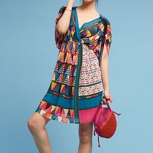 Maeve Multicolor Triangle Print Sheer Dress in Magenta, Teal & Mustard